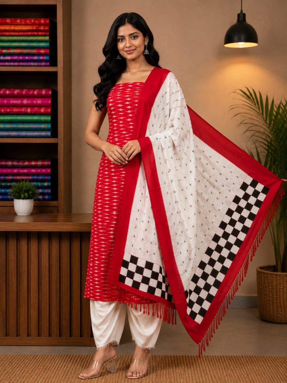 Crimson Red &amp; Off-White Handloom Double Ikkat Cotton Dress Material Set with Checkerboard Dupatta