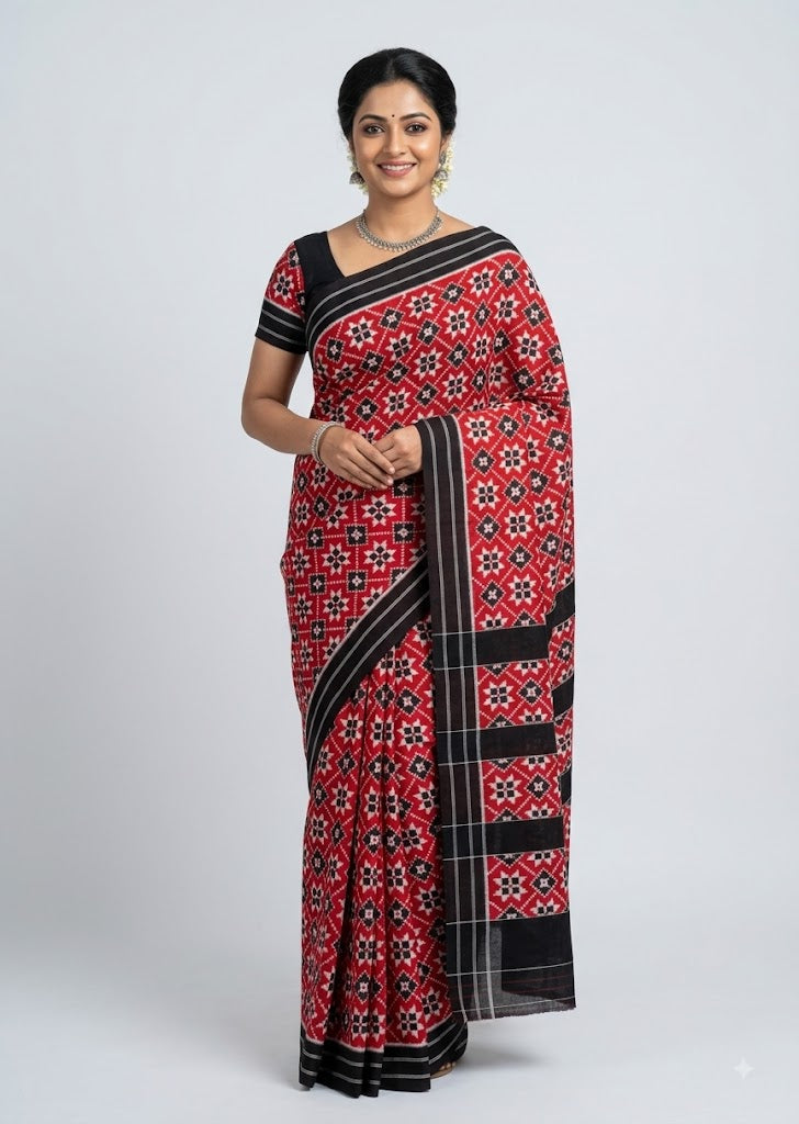 Authentic Handloom Telia Rumal Double Ikkat Cotton Saree in Crimson Red &amp; Black
