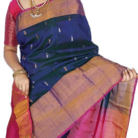 Elegant Navy Blue Uppada Pattu Saree with Pink Pallu &amp; Zari Motifs - pochampallysarees.com