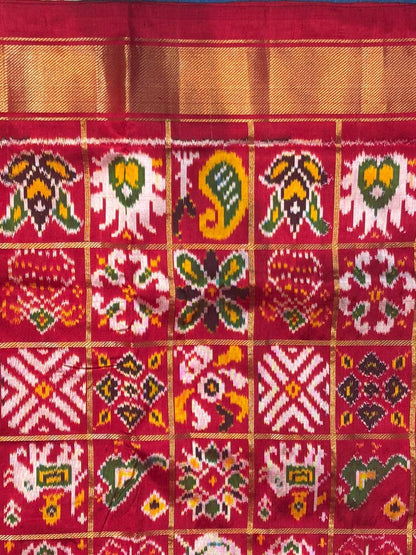 Crimson Red Pure Silk Patola Saree with Royal Zari Border &amp; Traditional Ikat Weave
