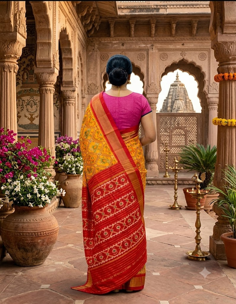 Authentic Pochampally Ikkat Silk Saree in Yellow and Maroon - pochampallysarees.com