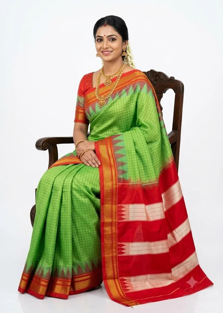 Green Checked Gadwal Silk Saree with Red Pallu & Temple Border - pochampallysarees.com