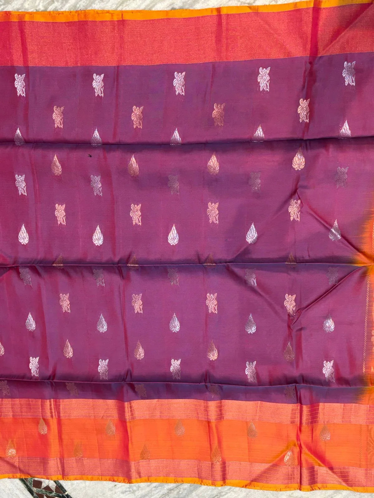 Elegant Royal Purple &amp; Orange Soft Silk Saree with Traditional Zari Work - pochampallysarees.com