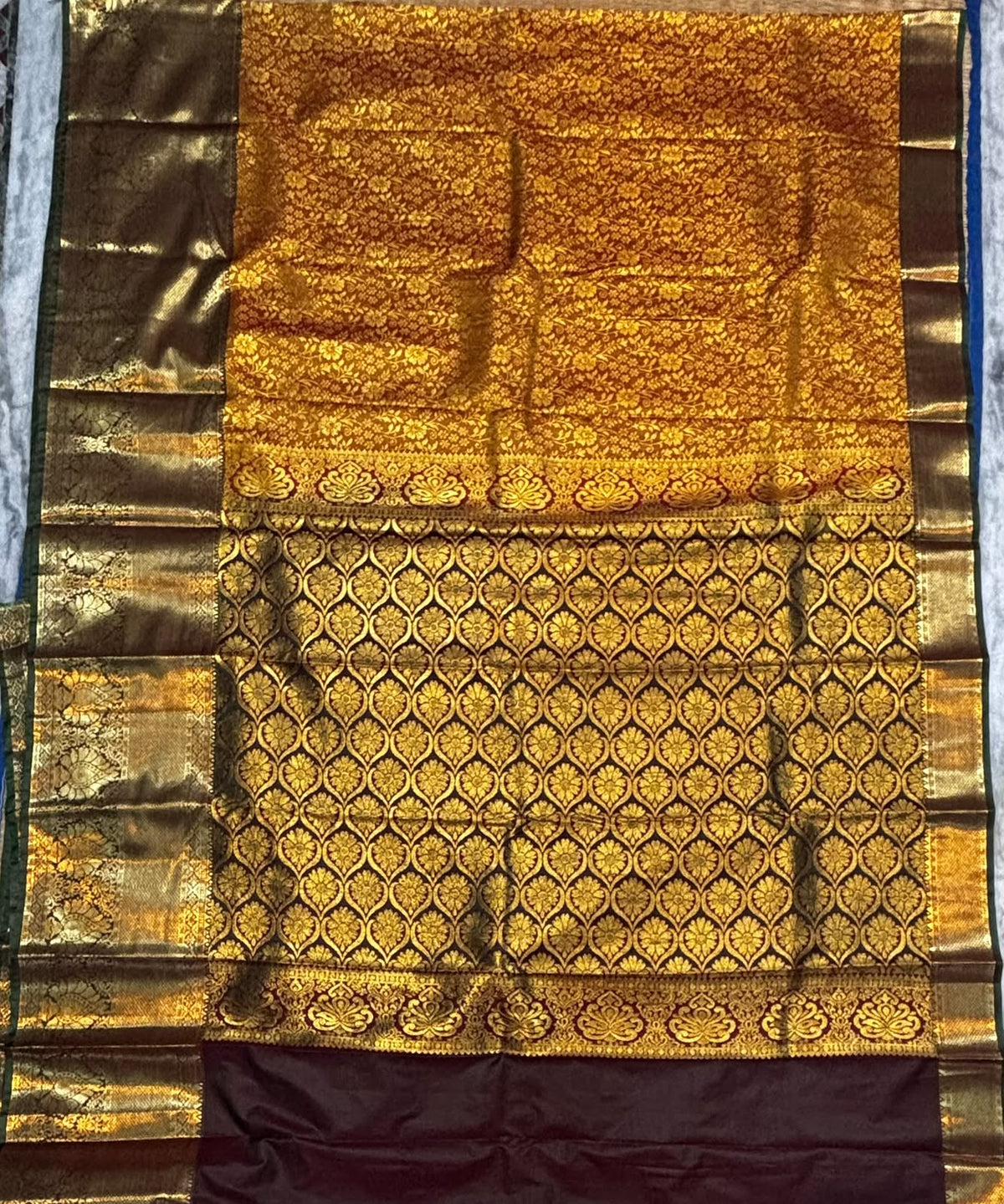 Magnificent Golden Yellow &amp; Dark Brown Dharmavaram Silk Saree