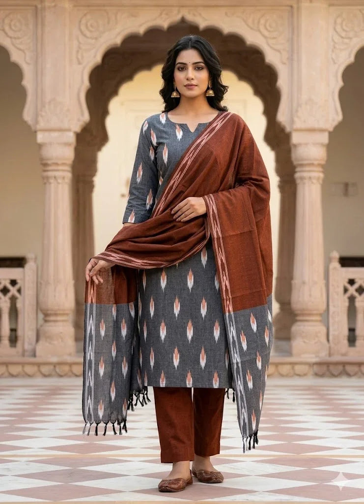 Handloom Ikat Grey and Terracotta Unstitched Suit Set - pochampallysarees.com