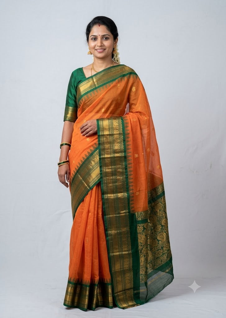 Elegant Orange Gadwal Cotton Saree with Green Contrast Zari Border gc13