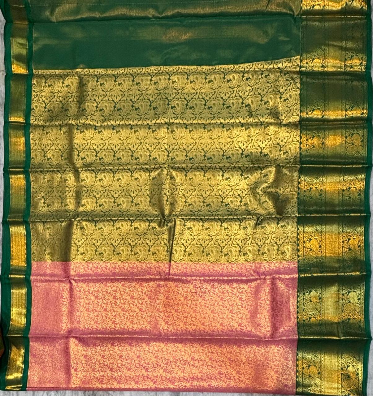 Luxurious Dharmavaram Pattu Silk Saree with Tissue Pink Body &amp; Emerald Green Pallu