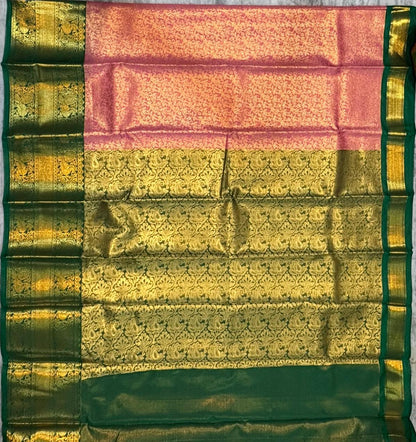 Luxurious Dharmavaram Pattu Silk Saree with Tissue Pink Body &amp; Emerald Green Pallu