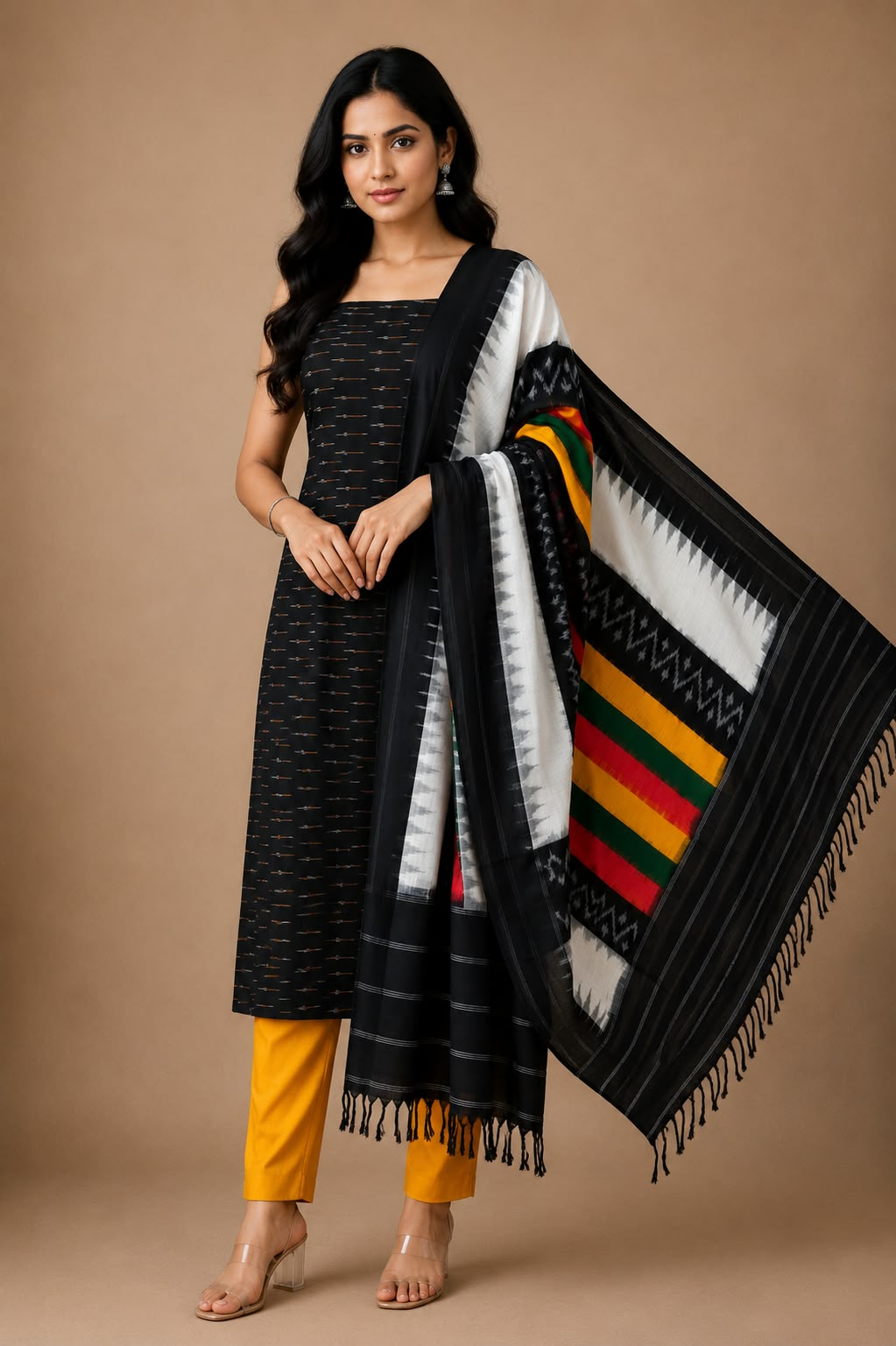 Handwoven Black Double Ikat Cotton Unstitched Dress Material Set with Multicolored Dupatta