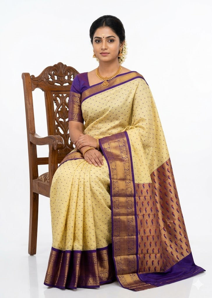 Traditional Cream and Royal Blue Kuppadam Silk Saree with Zari Border