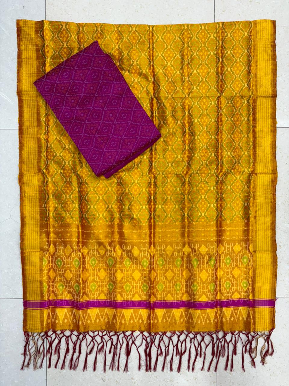 Latest Ikkat Silk Dress Material: Yellow &amp; purple Pochampally Salwar Suit