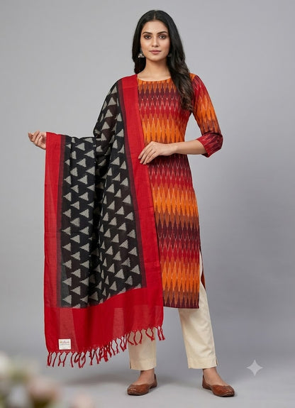 DOUBLE IKAT BLACK WITH RED COLOR DRESS MATERIAL-B36