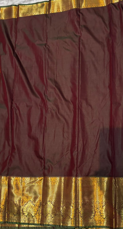 Magnificent Golden Yellow &amp; Dark Brown Dharmavaram Silk Saree