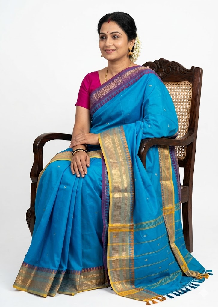 NARAYANPET COTTON SAREE ANANDA BLUE COLOR BUTTI BODY BUTTA GANGA JAMUNA BORDER