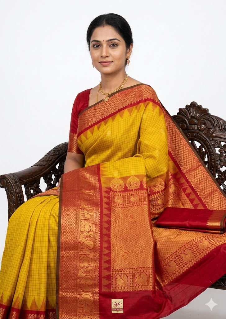 Pure Gadwal Silk Saree in Mustard Yellow Checks with Rich Red Zari Border - pochampallysarees.com