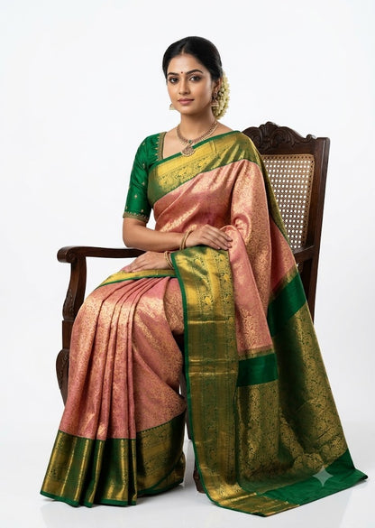 Luxurious Dharmavaram Pattu Silk Saree with Tissue Pink Body &amp; Emerald Green Pallu