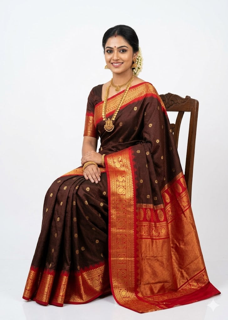 Gadwal Silk Saree in Chocolate Brown with Red and Gold Zari Border