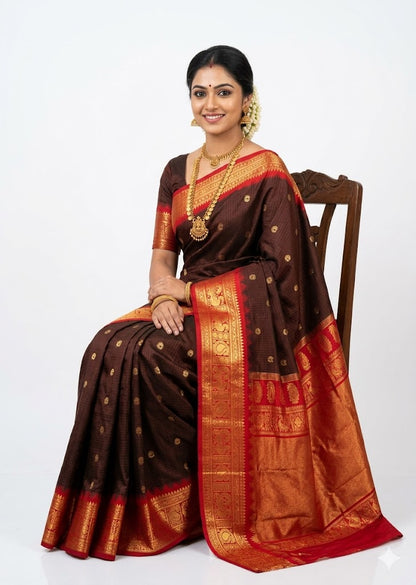 Gadwal Silk Saree in Chocolate Brown with Red and Gold Zari Border