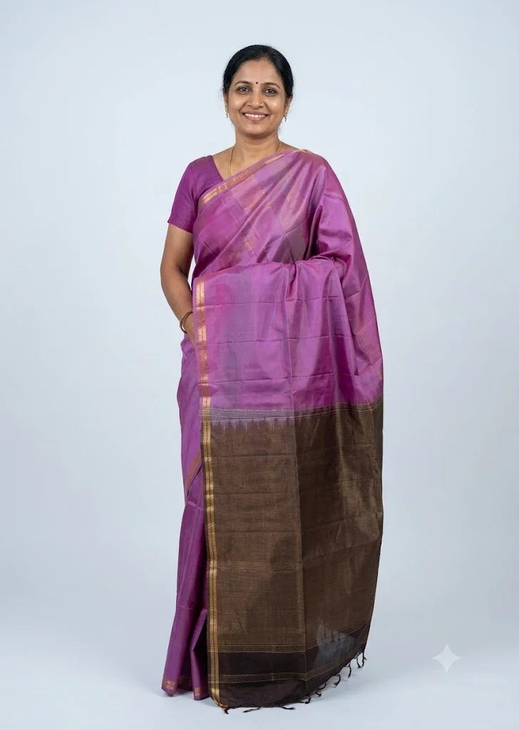 Elegant Dark Brown Silk Saree Blouse with Gold Zari Border