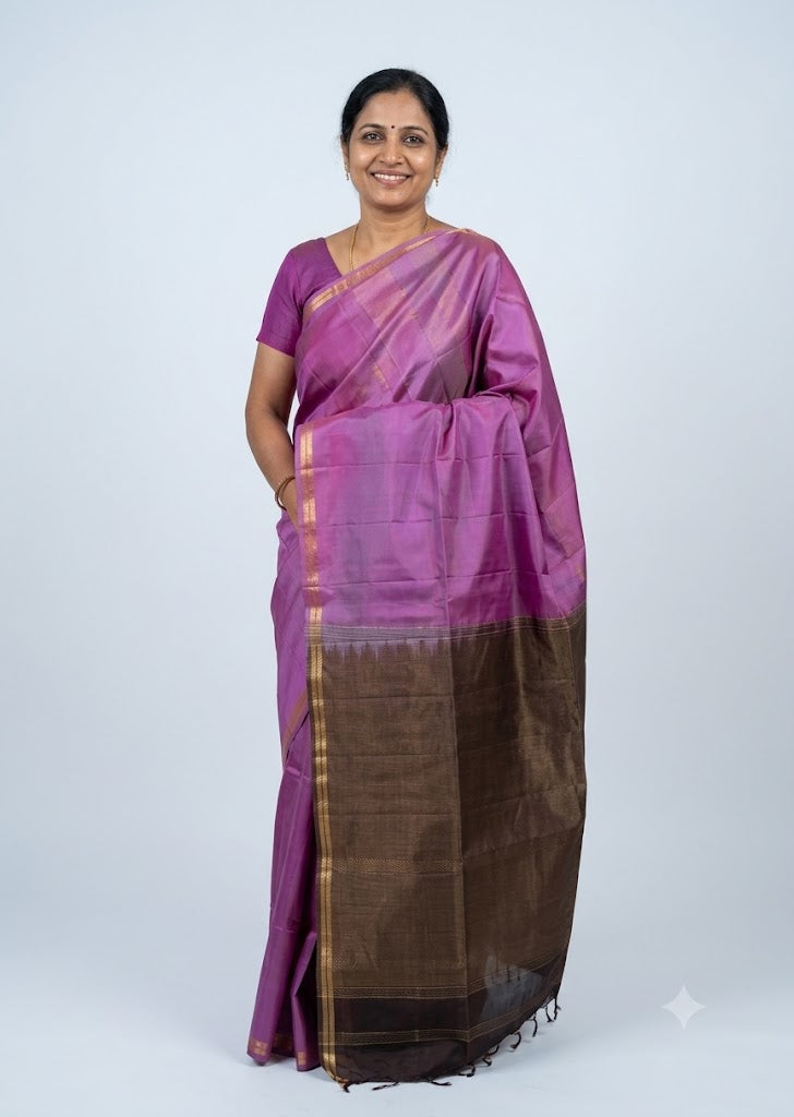 Elegant Dark Brown Silk Saree Blouse with Gold Zari Border