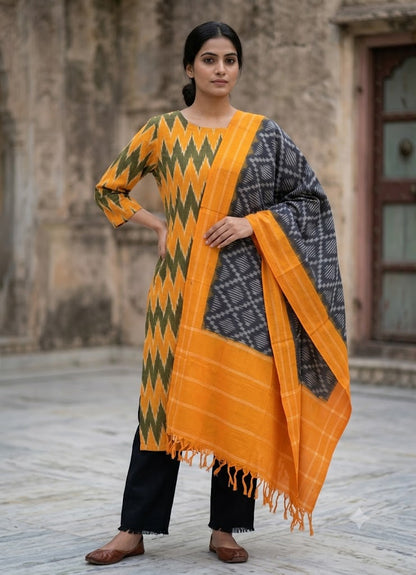 Pure Cotton Double Ikat Kurta Set with Mustard Yellow Zig-Zag Pattern &amp; Dupatta -D1