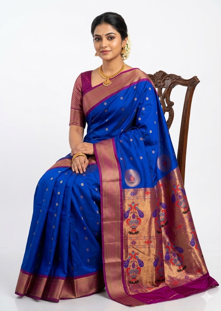 Royal Blue Gadwal Silk Saree with Magenta Peacock Pallu - pochampallysarees.com