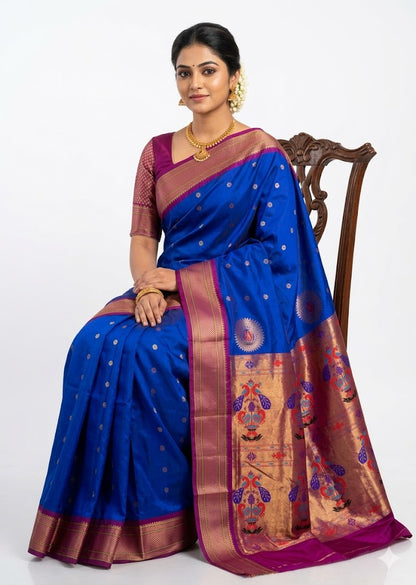 Royal Blue Gadwal Silk Saree with Magenta Peacock Pallu - pochampallysarees.com