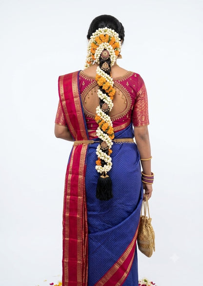 Blue Kanchi Silk Saree with Red zari Checks Pallu &amp; Blouse