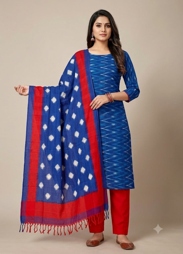 DOUBLE IKAT COTTON BLUE WITH RED COLOR DRESS MATERIAL -C49