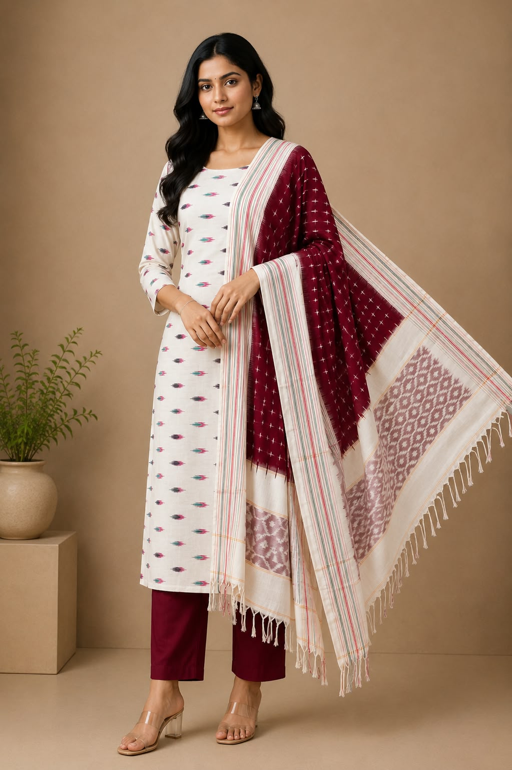 Off-White &amp; Deep Maroon Handloom Double Ikkat Cotton Dress Material Set