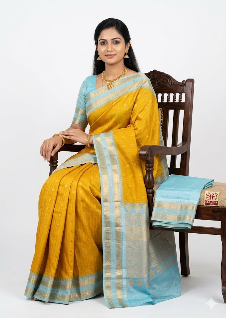 Pure Gadwal Silk Saree in Mustard Yellow with Pastel Sky Blue Zari Border - pochampallysarees.com