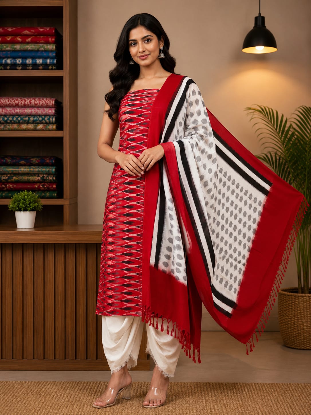 Crimson Red &amp; Off-White Handloom Double Ikkat Cotton Dress Material Set with Geometric Motifs Dupatta