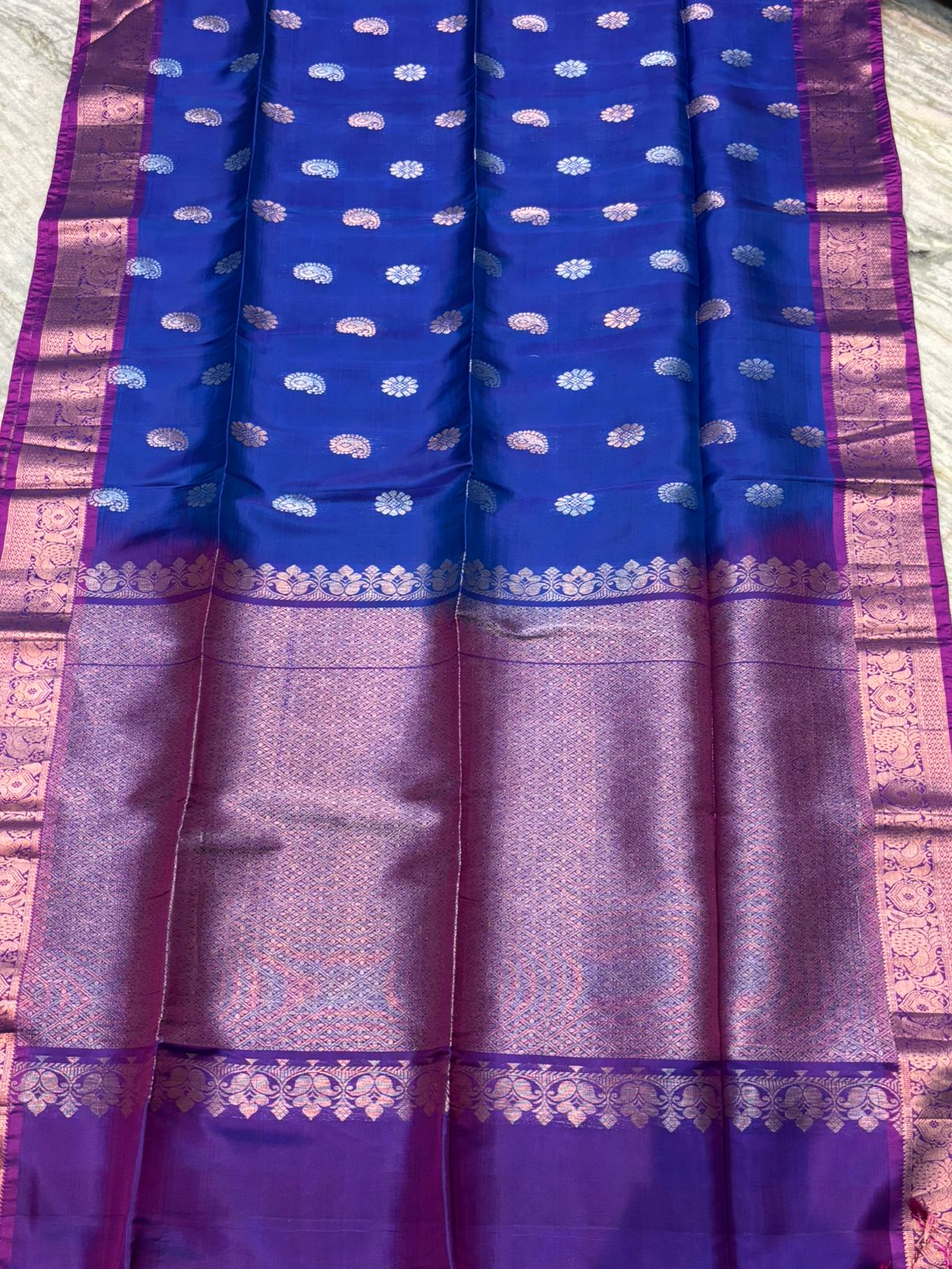 Royal Blue Pure Soft Silk Saree with Contrasting Purple Zari Border &amp; Pallu