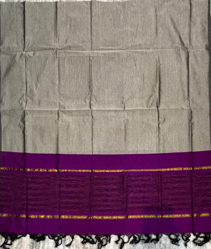 Pochampally Ikkat Poly Cotton Unstitched Dress Material with Borderless Dupatta (3-Piece Set - Purple &amp; Grey-Gold)