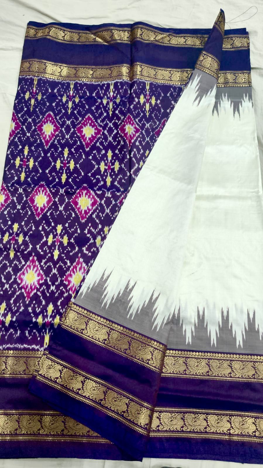 Off-White &amp; Royal Purple Handloom Ikkat Silk Saree with Kanchi Zari Border