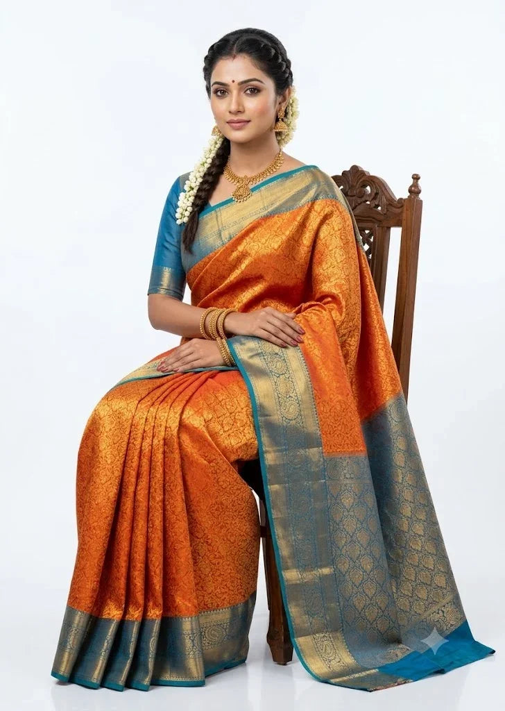 Dharmavaram Pattu Silk Saree Orange Blue - pochampallysarees.com