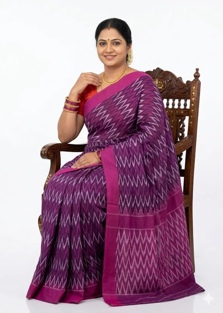 Authentic Purple &amp; Pink Pure Cotton Ikat Saree for Women - pochampallysarees.com