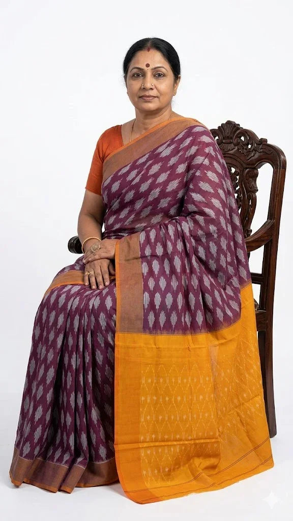 Handwoven Pure Cotton Ikat Saree - Purple with Vibrant Orange Pallu - pochampallysarees.com