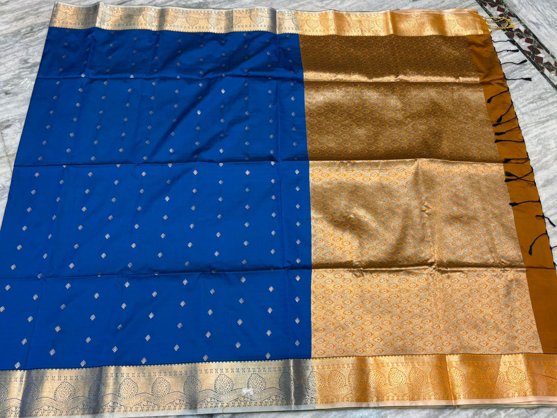 Pure Dharmavaram Silk Saree - Royal Blue Body with Mustard Brown Zari Pallu - pochampallysarees.com