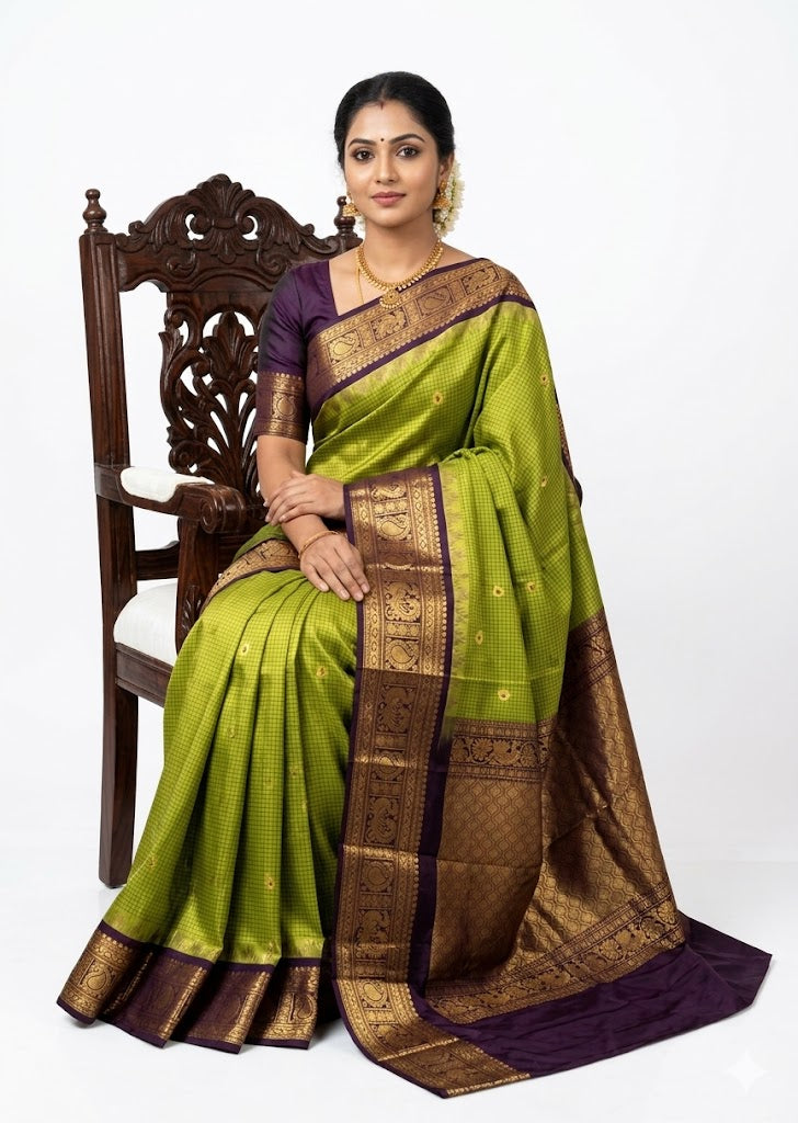 Authentic Olive Green Gadwal Silk Saree with Rich Deep Purple Border