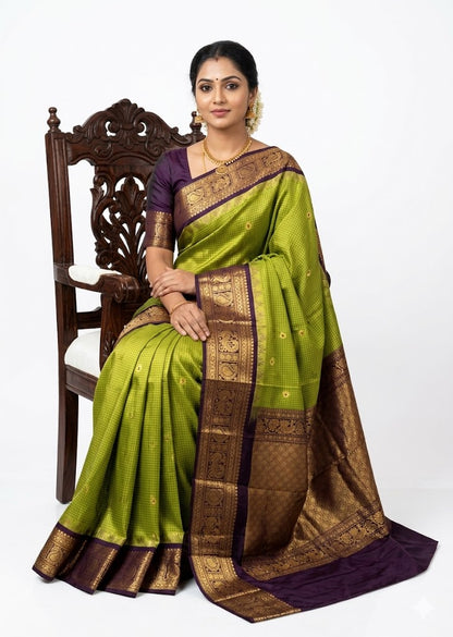 Authentic Olive Green Gadwal Silk Saree with Rich Deep Purple Border - pochampallysarees.com