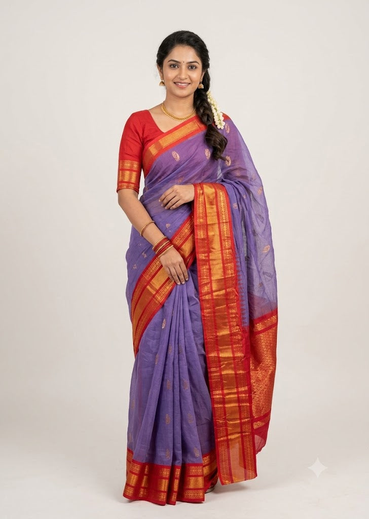 Traditional Purple and Red Gadwal Cotton Saree with Zari Border gs25