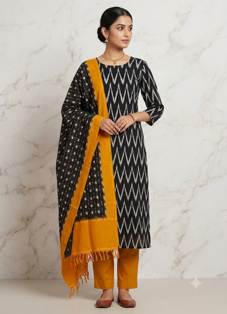 POCHAMPALLY IKKAT BLACK WITH YELLOW COLOR DRESS MATERIAL -C37