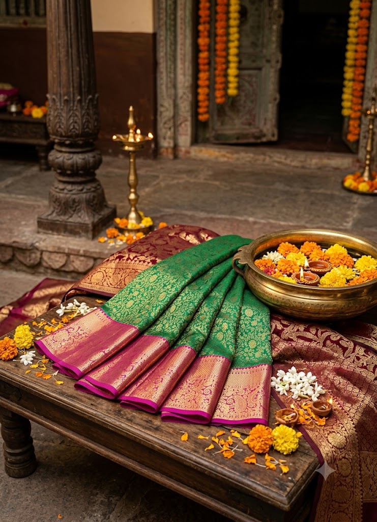 Green Semi Dharmavaram Silk Saree with Mejenta Pink Rich Zari Pallu &amp; Border