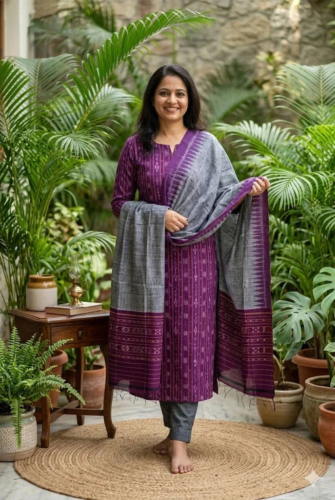 Unstitched Purple & Grey Ikat Cotton Suit Material - pochampallysarees.com