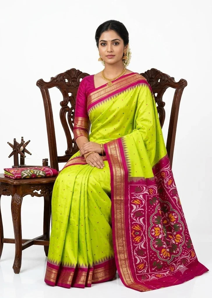 Vibrant Parrot Green and Pink Ikat Silk Saree with Zari Border - pochampallysarees.com