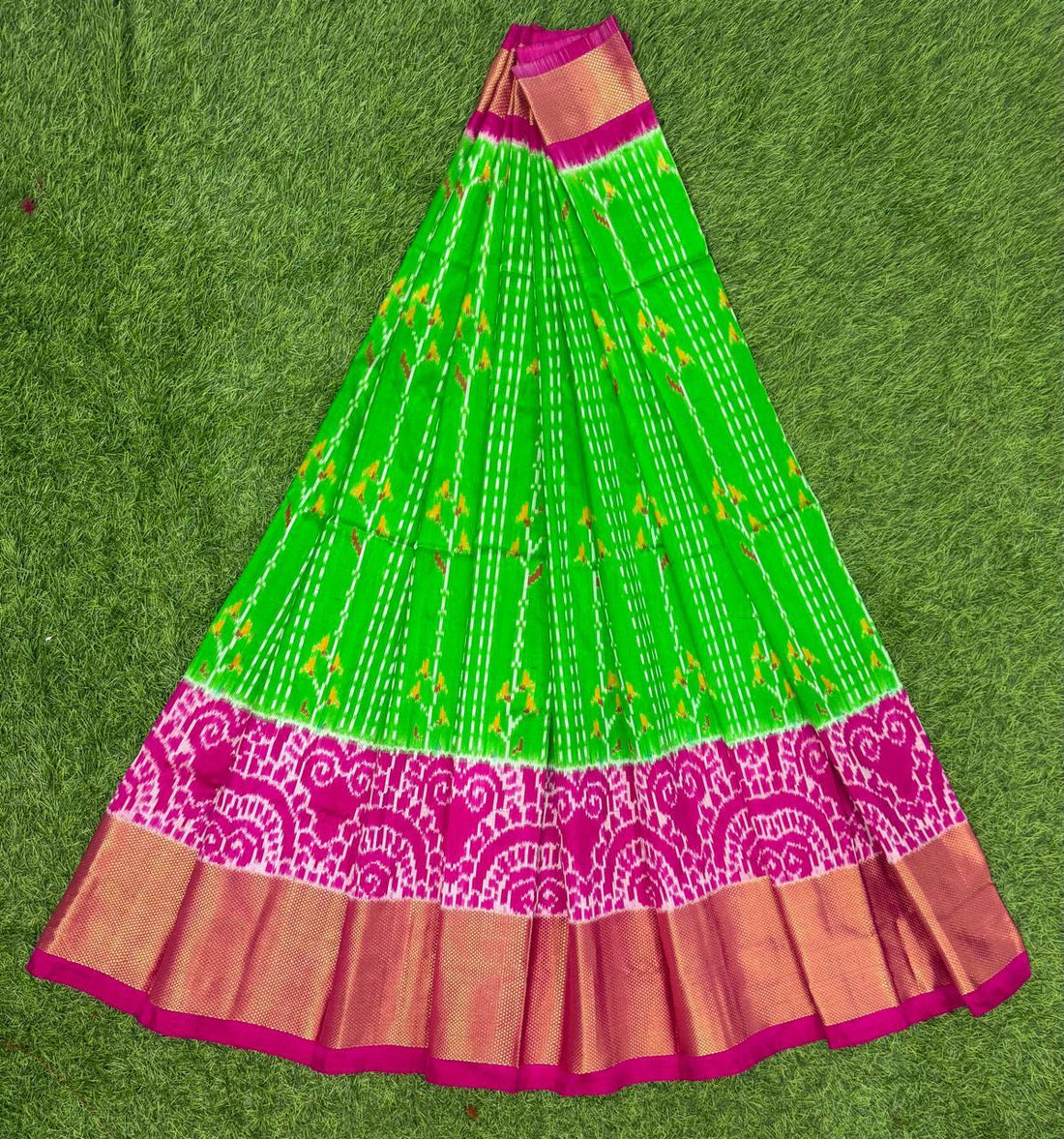 Green and Pink Ikkat Silk Big Size Lehenga (8 Years to 50 Years)with silk mark