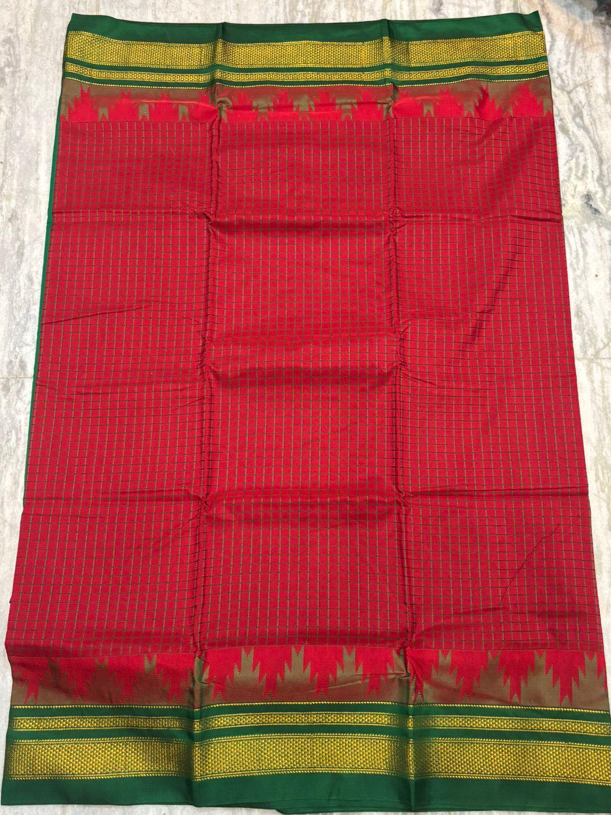 Authentic Red &amp; Green Pure Gadwal Silk Saree with Temple Border - pochampallysarees.com