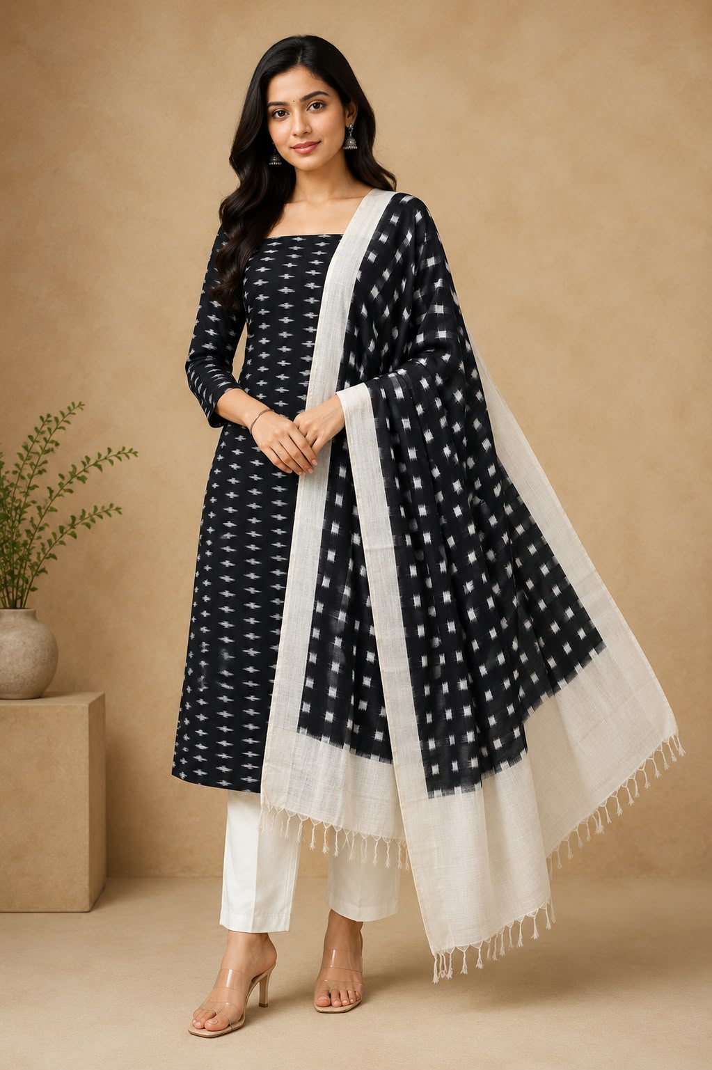Monochrome Jet Black &amp; Off-White Handloom Double Ikkat Cotton Dress Material Set