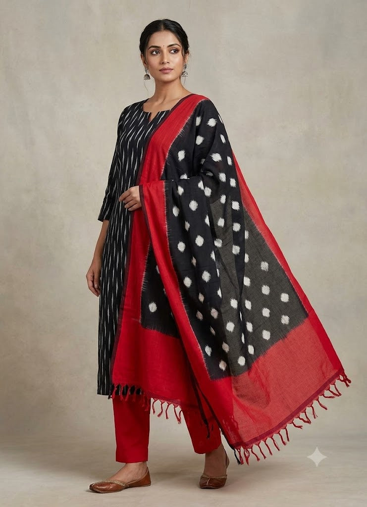 POCHAMPALLY DOUBLE IKKAT COTTON BLACK WITH RED COLOR DRESS MATERIAL -C62